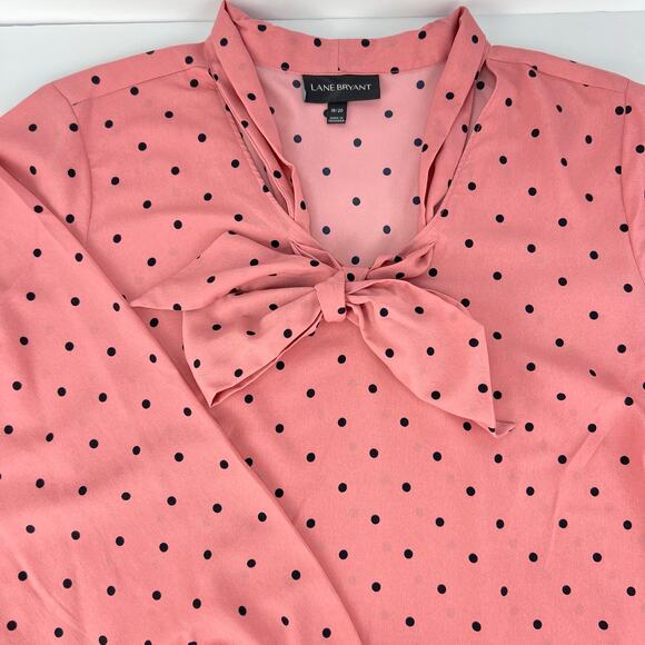 Lane Bryant 2XL Blouse Pink and Black Polka Dot Long Sleeve Tie Neck 18/20 - Picture 6 of 10
